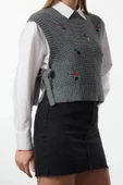 Kadın Moda Şık Bisiklet Yaka Standart Kol Regular İşlemeli Triko Süveter - 3