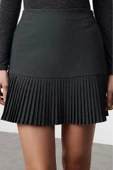 Kadın Moda Stil Mini Astarsız Dokuma Arka Beli Lastikli Pilise Detaylı Mini Boy Dokuma Etek - 1