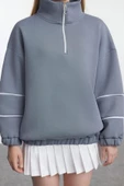 Kadın Moda Şık Oversize Fermuarlı Yaka Düşük Kol Standart Biye Detaylı Geniş Kalıp Örme Sweatshirt - 1