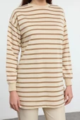 Kadın Tesettür Moda Şık Oversize Bisiklet Yaka Düşük Kol Regular Taş Çizgili Örme Tunik Sweatshirt - 1