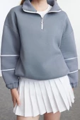 Kadın Moda Şık Oversize Fermuarlı Yaka Düşük Kol Standart Biye Detaylı Geniş Kalıp Örme Sweatshirt - 3