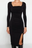 Kadın Moda Şık Midi Boy Kare Yaka Slim Büzgülü Vücuda Oturan Esnek Örme Elbise - 5
