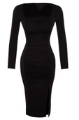 Kadın Moda Şık Midi Boy Kare Yaka Slim Büzgülü Vücuda Oturan Esnek Örme Elbise - 1