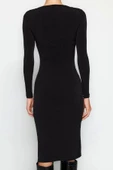 Kadın Moda Şık Midi Boy Kare Yaka Slim Büzgülü Vücuda Oturan Esnek Örme Elbise - 6