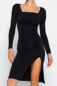 Kadın Moda Şık Midi Boy Kare Yaka Slim Büzgülü Vücuda Oturan Esnek Örme Elbise - 4