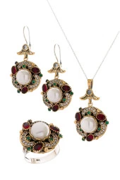 Behiye Serisi Gümüş Doğal İnci İncili Üçlü Set Otantik Takı Ayarlanabiilir Yüzük - 1