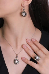 Behiye Serisi Gümüş Doğal İnci İncili Üçlü Set Otantik Takı Ayarlanabiilir Yüzük - 2