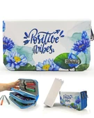Kalem Kutusu Lotus Positive Vibes Kawai Organizer Kalemkutu Vegan Deri Üç Bölmeli Kalemlik Mavi - 1