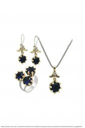 Söğütlü Serisi Mavi Safir Taşlı Üçlü Otantik Bayan Gümüş Set Takı - 5
