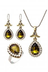 Sarı Sitrin Zultanit Taşlı Hürrem Sultan Damla Otantik Gümüş Üçlü Kadın Seti Ayarlanabilir Yüzük - 1