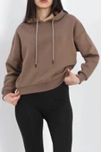 Kapşonlu 3 İplik Crop Sweat Açıkkahve - 20969.1878. - 5