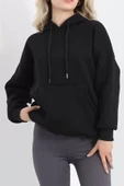 3 İplik Kanguru Cepli Kapşonlu Sweat Siyah - 20960.1878. thumbnail 3