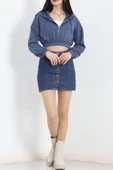 Modal Kapşonlu Crop Sweat İndigo - 12885.148. thumbnail 6