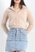 Fermuarlı Crop Peluş Sweat Bej - 9060.1153. thumbnail 3