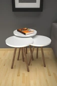 ED PET DİZAYN Zigon Sehpa Ahşap Ayaklı Beyaz 3'lü Yuvarlak - 1