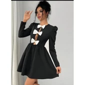 Lucky Life Lucky Life Kadın Dalgıç Kumaş Fiyonk Detaylı Uzun Kollu Mini Boy Elbise - 3