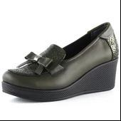 Erkan Saçmacı Emma Haki Yılan Hakiki Dana Derisi Fiyonklu Yuvarlak Burun Dolgu Topuklu Günlük Ayakkabı thumbnail 1