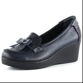 Erkan Saçmacı Emma Lacivert Yılan Hakiki Dana Derisi Fiyonklu Yuvarlak Burun Dolgu Topuklu Günlük Ayakkabı thumbnail 1