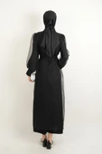 Büyük Beden Abiye Ön Taş Dizi Tül Abaya Siyah - 3