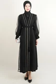 Büyük Beden Abiye Ön Taş Dizi Tül Abaya Siyah - 1