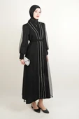 Büyük Beden Abiye Ön Taş Dizi Tül Abaya Siyah - 2