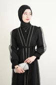 Büyük Beden Abiye Ön Taş Dizi Tül Abaya Siyah - 4
