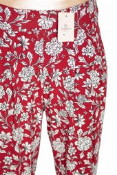 Barem Kadın Şule Pileli Çiçekli Penye Kırmızı Pantolon - 2