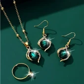 Gold Renk Yeşil Cam ve Alaşımlı Bohem Tarzı Bohem Şıklığını Yansıtan Antialerjik Zarif Takı Seti thumbnail 2