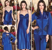 Jeremi 452 6'lı Saten Dantelli Gecelik Sabahlık Takımı - 1