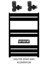 Mat Siyah Alüminyum Havlupan 50*70 Cm Termorad Petsa Slim +2 Adet Radyatör Havlupan Vanası Siyah Mat 1/2 - 1