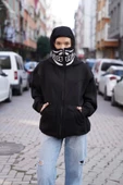 Samuray Kapşonlu ZIP Fermuarlı Çift Kapşonlu Nakışlı SweatShirt- Siyah - 3