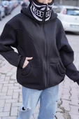 Samuray Kapşonlu ZIP Fermuarlı Çift Kapşonlu Nakışlı SweatShirt- Siyah - 1
