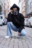 Samuray Kapşonlu ZIP Fermuarlı Çift Kapşonlu Nakışlı SweatShirt- Siyah - 4