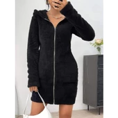 Lucky Life Kadın Uzun Kollu Kapşonlu önden Fermuarlı Cep Detaylı Kısa Peluş Elbise - 5