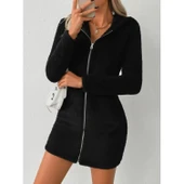 Lucky Life Kadın Uzun Kollu Kapşonlu önden Fermuarlı Cep Detaylı Kısa Peluş Elbise - 9