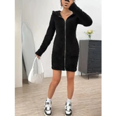 Lucky Life Kadın Uzun Kollu Kapşonlu önden Fermuarlı Cep Detaylı Kısa Peluş Elbise - 1