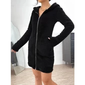 Lucky Life Kadın Uzun Kollu Kapşonlu önden Fermuarlı Cep Detaylı Kısa Peluş Elbise - 4