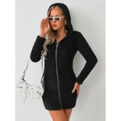 Lucky Life Kadın Uzun Kollu Kapşonlu önden Fermuarlı Cep Detaylı Kısa Peluş Elbise - 8