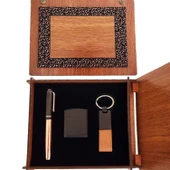 Ahşap Kutulu Bakır Roller Kalem Taba Renk Anahtarlık ve Çakmak Set - 1