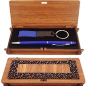 Ahşap Kutulu Koyu Mavi Kalem ve Anahtarlık Set - 1