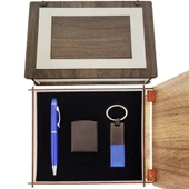Özel Ahşap Kutulu Lacivert Kalem Anahtarlık ve Çakmak Set - 1