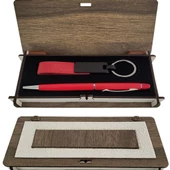 Ahşap Kutulu Kırmızı Anahtarlık ve Kalem Set - 1