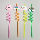 5 Parça Renkli Pipet Seti - Emojili Spiral Kokteyl- Çocuk Pipeti Temizleme Fırçalı - 3