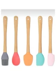 5 Li Renkli Ahşap Saplı Silikon Uçlu Spatula Fırçalı Kaşık Seti -Yemek Hazırlık Seti 21 Cm thumbnail 1