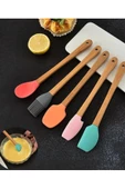 5 Li Renkli Ahşap Saplı Silikon Uçlu Spatula Fırçalı Kaşık Seti -Yemek Hazırlık Seti 21 Cm thumbnail 3