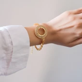 Çeyrekli Çerçeve Bileklik Altın Kaplama Arpa Zincir Taşlı Kelepçe BLK-1043 thumbnail 3