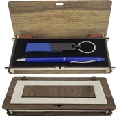 Ahşap Kutulu Mavi Kalem Anahtarlık Set - 1