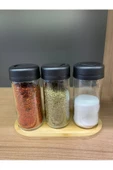 Ahşap Standlı Spice 3'lü Set Döner Kapak Cam Baharatlık Tuzluk Biberlik seti 250cc - 3