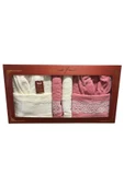 Nova 6 Parça Aile Bornoz Seti Banyo Havlu Seti Pembe- Beyaz - 3