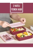 Mor Dikdörtgen 1003 2 Katlı Beslenme Kabı Yemek Kabı Saklama Kabı Kaşıklı Beslenme Kutusu - 1